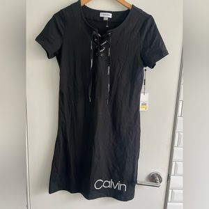 NWT Calvin Klein black cotton tshirt dress tie logo Y2K medium